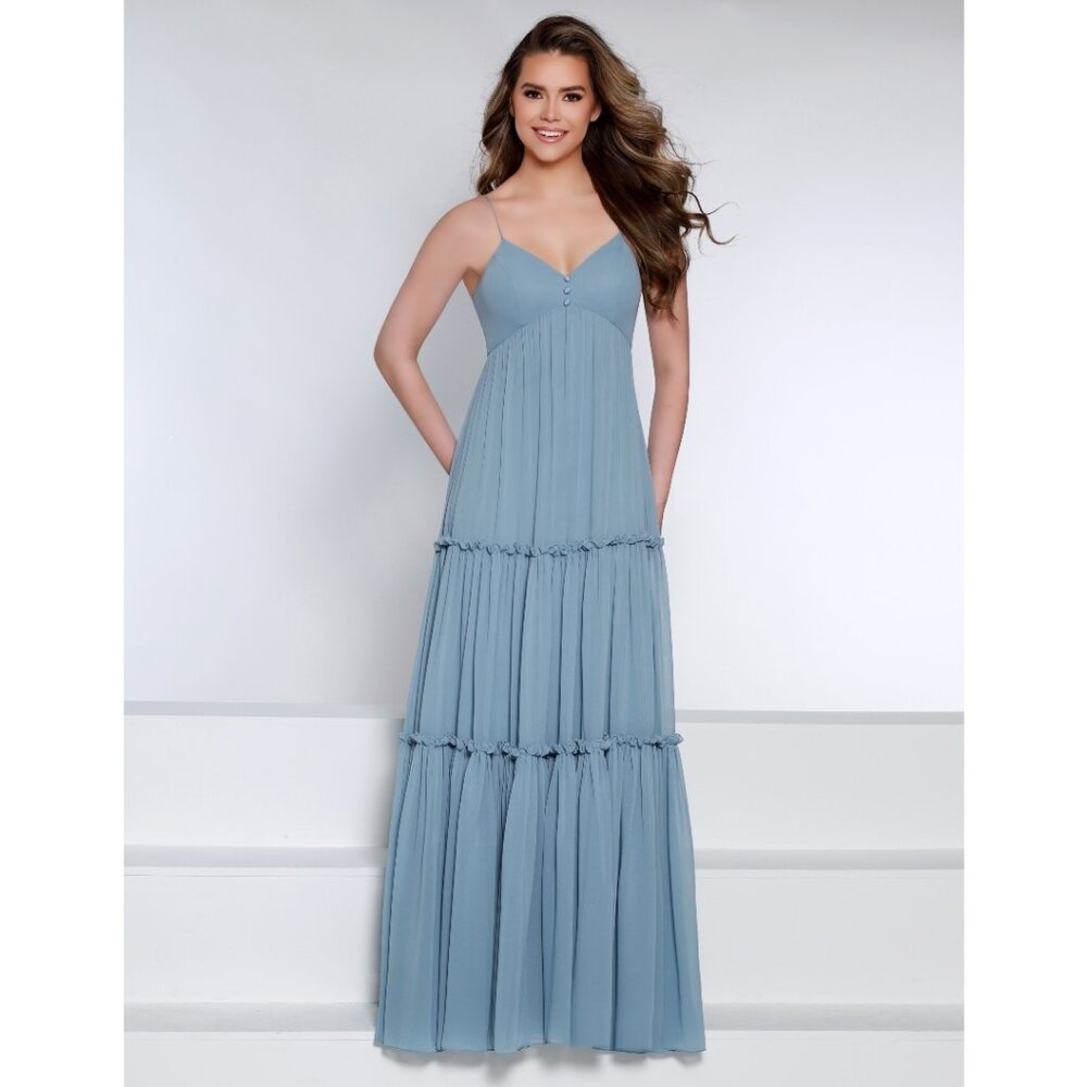 Long Chiffon Tiered Ruffled Bridesmaid Dress. Dusty Blue. Size 12.